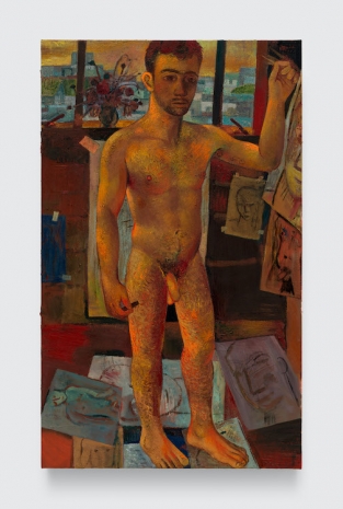Louis Fratino, Self-portrait in studio (after F.N. Souza), 2026 , David Zwirner
