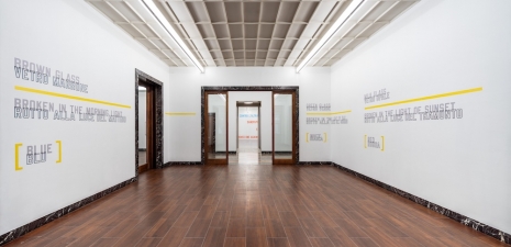 Lawrence Weiner, GREEN GLASS----------------------BROKEN IN THE LIGHT OF DAY[WHITE]MILK GLASS------------------BROKEN IN THE LIGHT OF SUNSET[RED]BROWN GLASS-----------------------BROKEN IN THE MORNING LIGHT[BLUE], 1990, MASSIMODECARLO