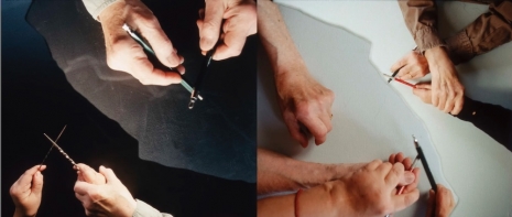 Tacita Dean and Bruce Nauman, Drawing Blind Drawing (Film still diptych), 2026, Marian Goodman Gallery