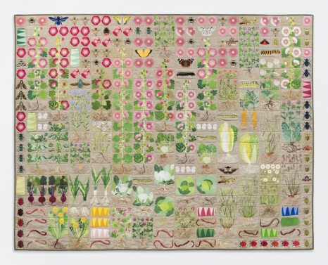 Daniel Dewar & Grégory Gicquel, Embroidered quilt with striped shield bugs, earthworms, dandelions, wild mallows, clover, cockchafer larvae, ladybirds, green stink bugs..., 2026, Loevenbruck