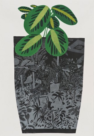 Jonas Wood, Black Landscape Pot with Kiwi Plant, 2014, David Kordansky Gallery