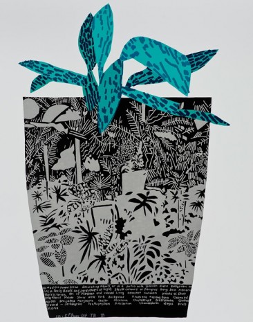 Jonas Wood, Black Landscape Pot with Blue Plant, 2014, David Kordansky Gallery