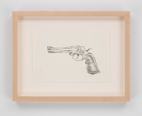 Mark Gonzales, poorly drawn fire arm attached with glitter name tag that reads samuel m stone, 2014, Hauser & Wirth