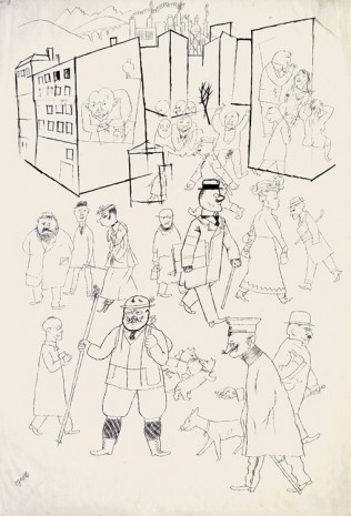 George Grosz, Belebte Straßenszene (mit Däubler, Herrmann-Neiße, Schmalhausen u.a.) (Busy street scene (with Däubler, Herrmann-Neiße, Schmalhausen etc)), ca. 1918, Aurel Scheibler