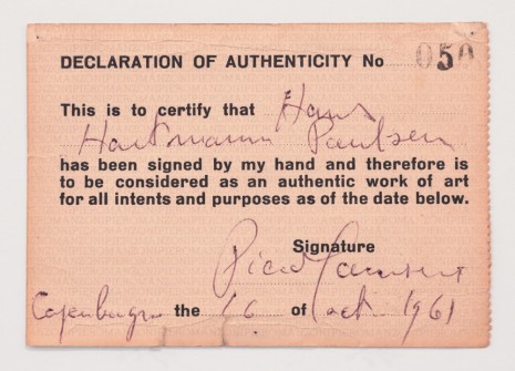 Piero Manzoni, Declaration of Authenticity No. 50 (Carte d’authenticité No. 50), 1961, Andrea Rosen Gallery