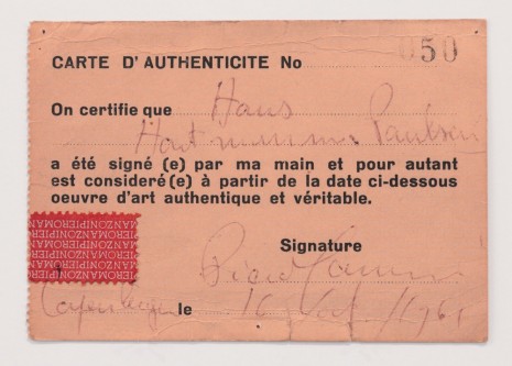 Piero Manzoni, Declaration of Authenticity No. 50 (Carte d’authenticité No. 50), 1961, Andrea Rosen Gallery