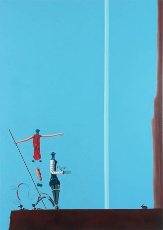 Nader Ahriman, Die zwei Gestalten des Selbstbewußtseins (Hirte und Hirtin) erklimmen ein Plateau; vor einem Kreuz knien sie nieder, 2006, Gerhardsen Gerner