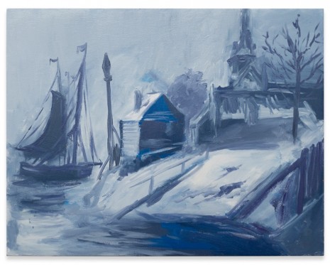 Karen Kilimnik, the ghost ship, cold winter fishing village with church in the north, 2013, Sprüth Magers