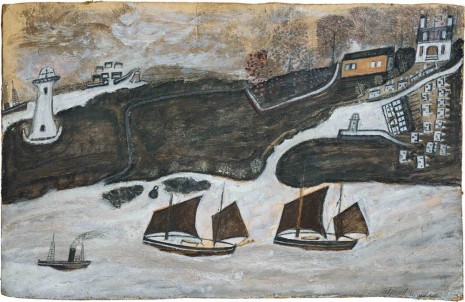 Alfred Wallis, Two ships and steamer sailing past a port - Falmouth and St. Anthony lighthouse, c. 1931, Modern Art