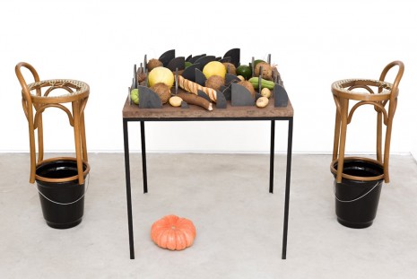 Adriano Costa, Mesa Quase Impossível Com Comida, Se Houver (Almost Impossible Table With Food, If There Is), 2015, Mendes Wood DM