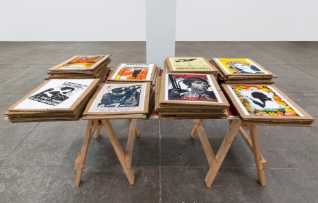 Andrea Bowers, Work Table with Feminist Political Graphics, 2016, Andrew Kreps Gallery