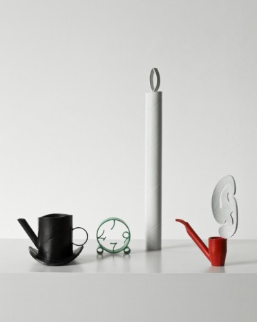 Ricky Swallow, Group Set: Alarm Clock Study, Hat Pot (Soot), Single Candle (bone), Red Pipe with Smoke, 2011, Marc Foxx (closed)