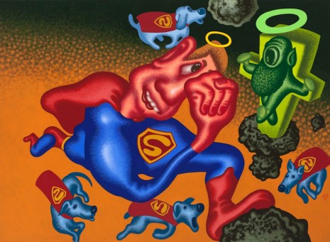 Peter Saul, Superman and the Super Dogs Find God in the Asteroid Belt, 2016, Michael Werner