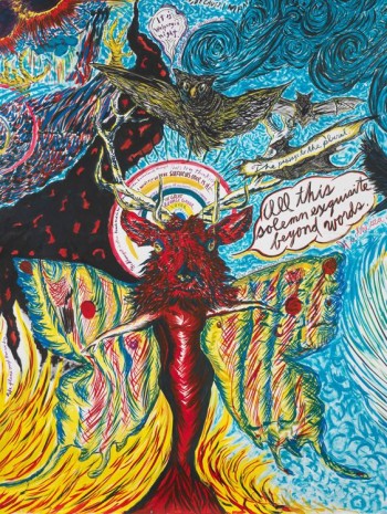 Marcel Dzama and Raymond Pettibon, It is big big business (or We s'port...and necessitate one another, thought to brush, word to image hand in hand...for the greatest interest...of writing thou art) (detail), 2016, David Zwirner
