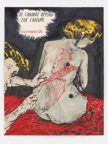Marcel Dzama and Raymond Pettibon, He can not afford the canvas – one makes do, 2016, David Zwirner