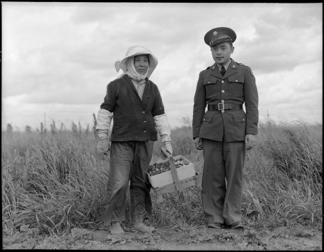 Dorothea Lange, Florin, Sacramento County, California. A soldier and his mother in a strawberry field., 1942, Marianne Boesky Gallery