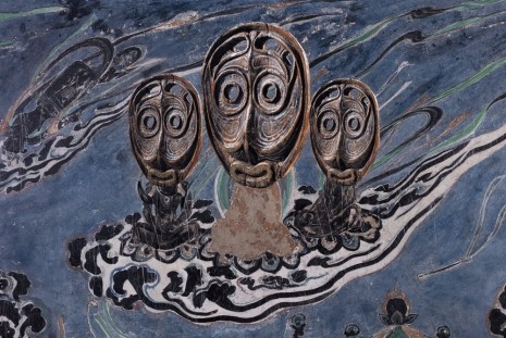 Xu Zhen, Evolution- Apsaras from the North Wall of Mogao Cave No. 321, Iatmul Canoe Prow Mask / 進化－莫高窟321窟主室北 壁飛天、Iatmul 獨木舟船頭面具, 2016, Perrotin
