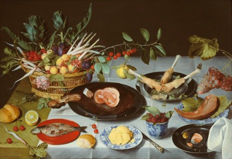 Jacob Van Hulsdonck, A Still Life of a laid Table, with Plates of Meat and Fish and a Basket of Fruit and Vegetables, c. 1615 , Hauser & Wirth Somerset
