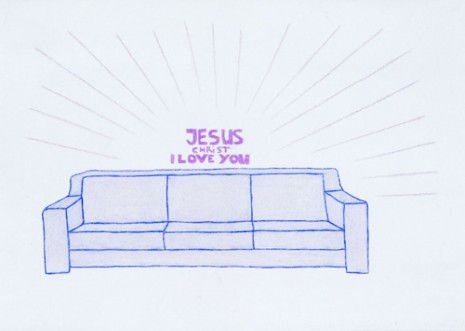 Lily Van der Stokker, Jesus Christ (Remake of '93 marker drawing) design for wall painting with couch, 2008, Air de Paris