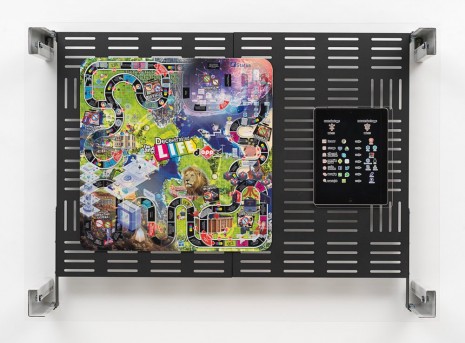 Simon Denny, Crypto Futures Game of Life Board Overprint Collage: zAPPed, 2018, Galerie Buchholz