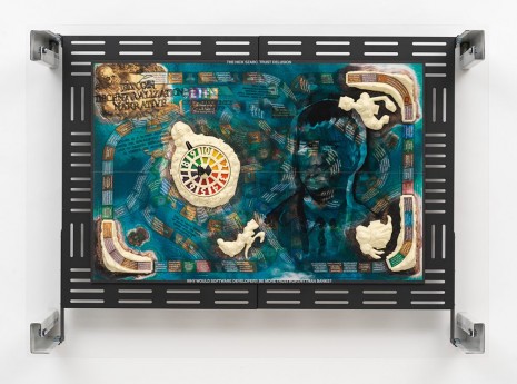 Simon Denny, Crypto Futures Game of Life Board Overprint Collage: Pirates of the Caribbean Dead Man’s Chest, 2018, Galerie Buchholz