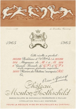 Stephen Prina, galesburg, illinois+ Dorothea Tanning Born: August 25, 1910, Galesburg, Illinois Died: January 31, 2012, New York, New York Château Mouton Rothschild, 1965, Wine Bottle Label Design, 2015, Sprüth Magers