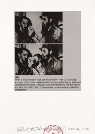 Zhang Dali, Visual Machine 054. 1968 Fidel Castro [right] and Carlos Franqui [middle], who cut off relations with the regime and went into exile in Italy, 2010, Tang Contemporary Art