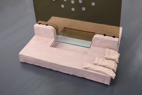 Martin Westwood, Polyester resin cast of transaction counter, polyurethane casts of puff pastry, toughened bronze and clear glass, transaction speech holes, 2012, The Approach