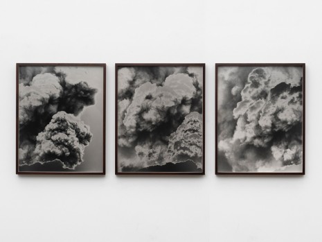 Lisa Oppenheim, CGI Volcano: An enormous eruption fills the screen with plumes of smoke 2017/2019 (Triptych Version II), 2018 , Marianne Boesky Gallery
