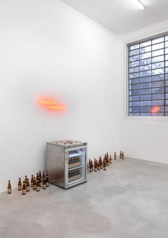 Rayyane Tabet, Still life with neon, fridge and beer, 2018 , Galleria Franco Noero
