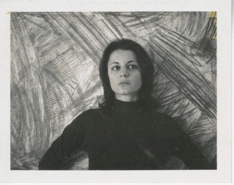 Rosemarie Castoro, Portrait of Rosemarie Castoro in front a 'Free Standing Wall' in her studio, Spring Street, New York, 1970 , Galerie Thaddaeus Ropac