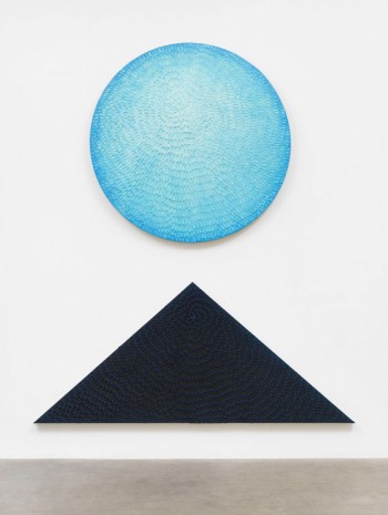 Jennifer Guidi, Echoes of the Moon (Diptych: Painted Sand SF #2R, Light Blue to Blue Gradient, White Ground; Blue and Light Blue #1PT, Black Sand SF #3T, Blue Ground), 2019, MASSIMODECARLO